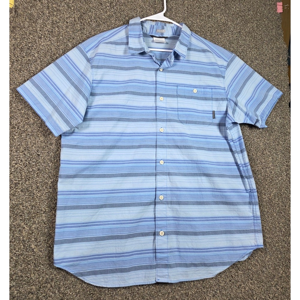 Columbia Mens XL Blue Striped Short Sleeve Shirt Hiking Fishing Casual